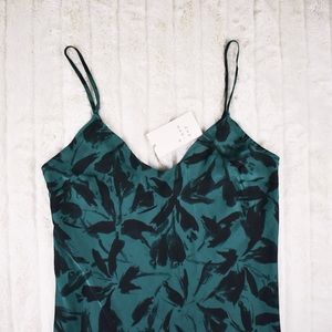 Jade Satin Dress with Black Floral Design